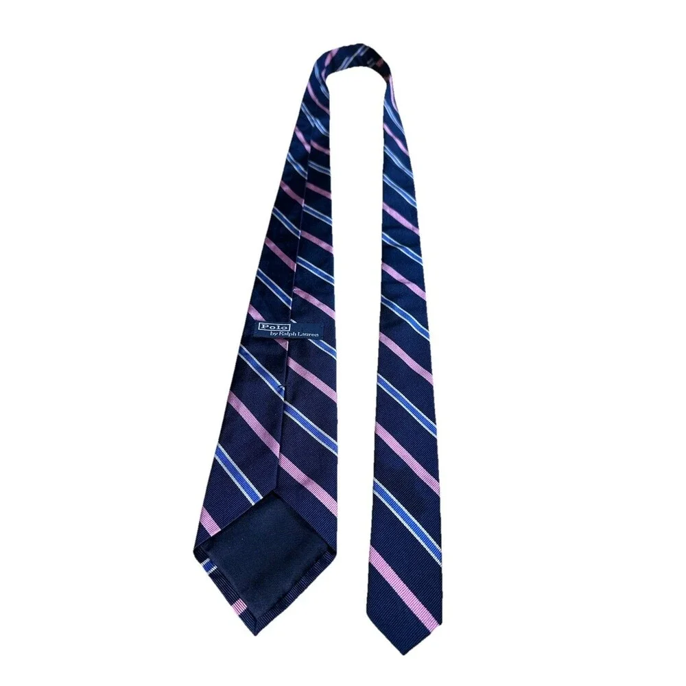 Polo Ralph Lauren Men 100% Silk Neck Tie Pink Blue Stripe Handmade in Italy Luxe